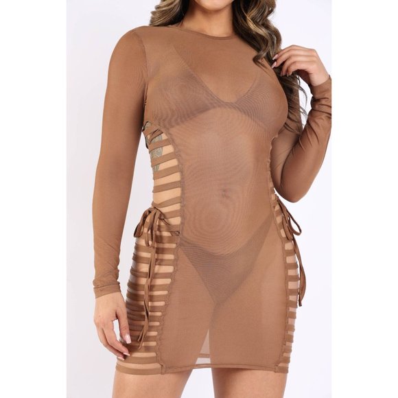 Women's Sexy Strappy Side Detailed Mesh Cover Up & Bikini 3 Piece Set Beach Pool - Picture 2 of 8